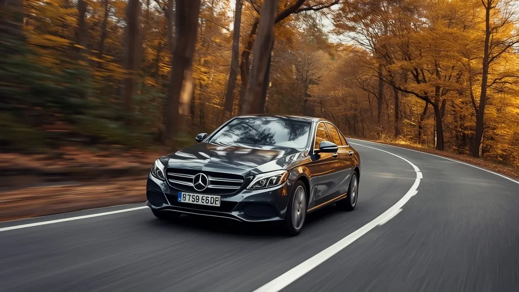 Used Mercedes C200 W204 being test-driven on a scenic road, emphasizing its smooth ride and handling.