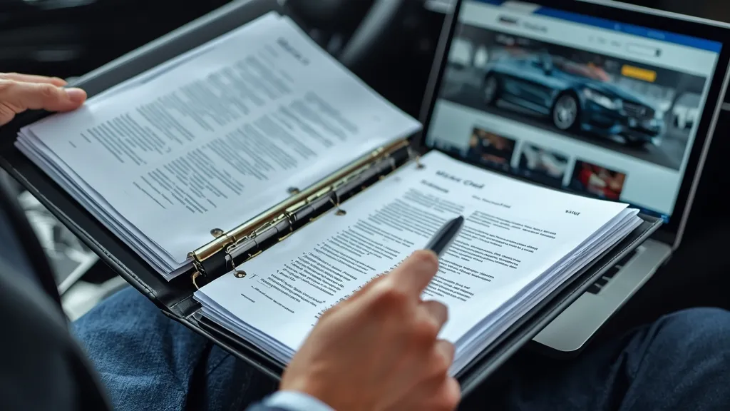 A person reviewing a detailed service history binder for a used Mercedes C200 W204, emphasizing diligent research.