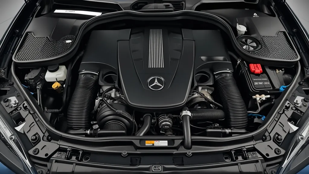 Detailed view of the Mercedes C200 W205 M274 engine bay, highlighting key components.