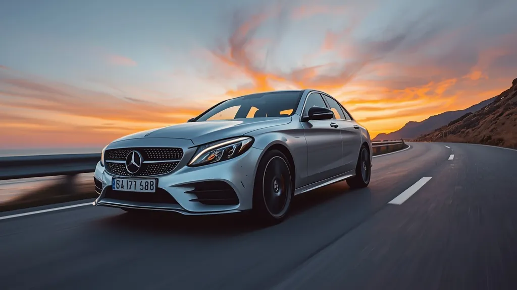 Dynamic shot of a Mercedes C200 W205 cruising smoothly on a scenic highway, emphasizing ride comfort.