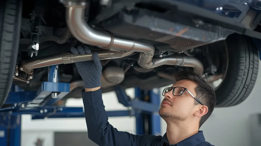 Mechanic inspecting the underside of a used Mercedes C200 W205 on a lift during a pre-purchase check.