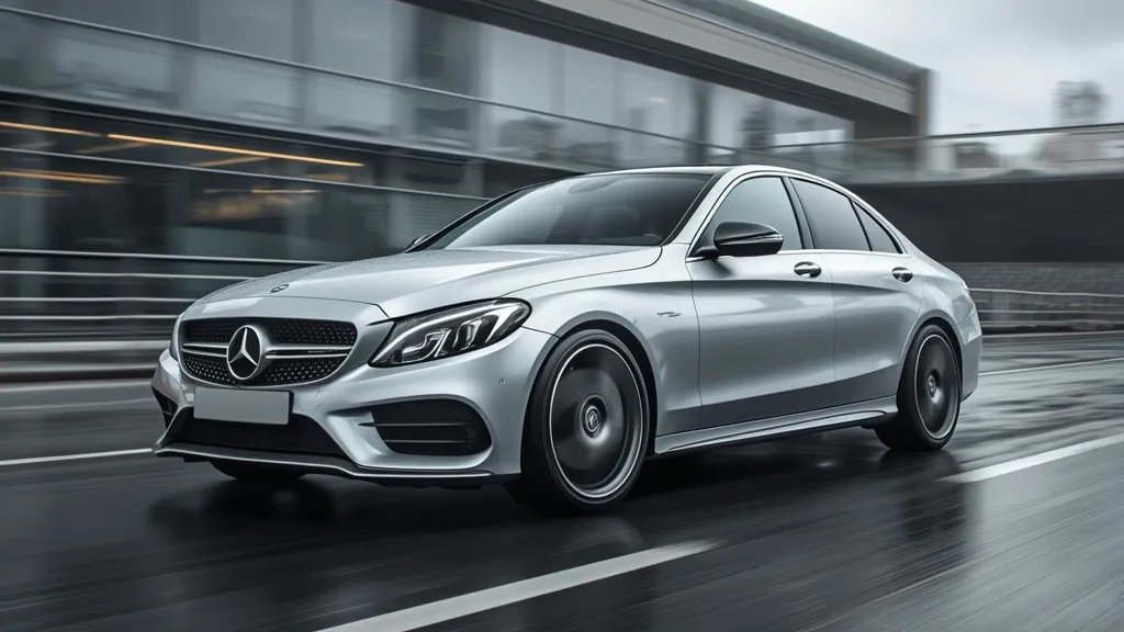 Dynamic front three-quarter view of a silver Mercedes C250 AMG Line W204, showcasing its aggressive styling.