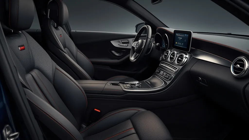 Luxurious interior of a Mercedes C250 AMG Line, highlighting the sport seats and steering wheel.