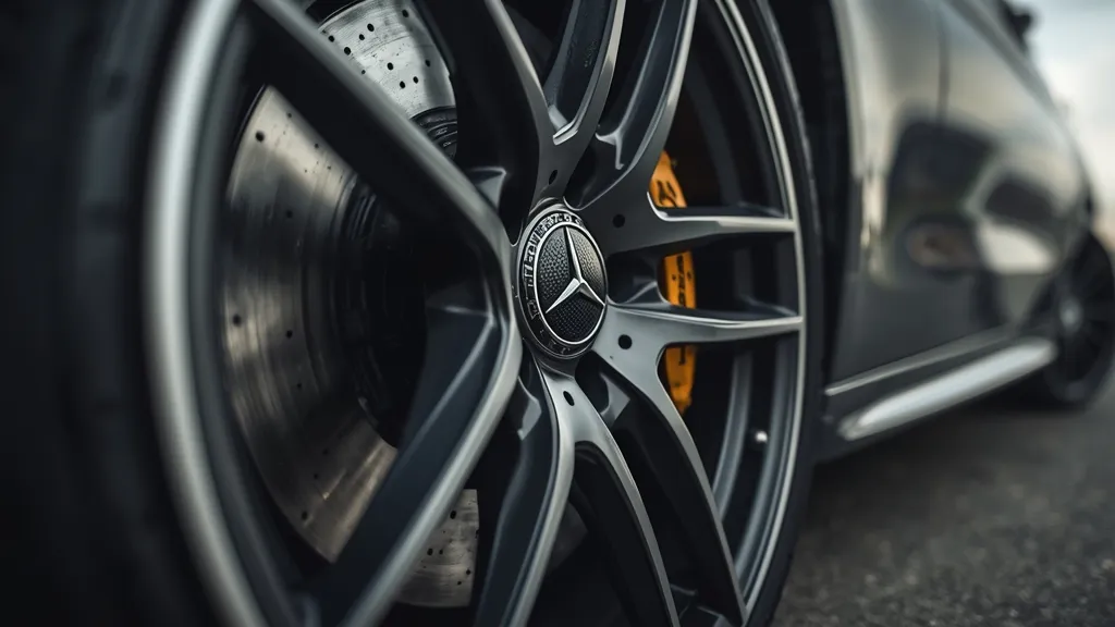 Close-up of the AMG-style alloy wheels and cross-drilled brakes on a Mercedes C250 AMG.