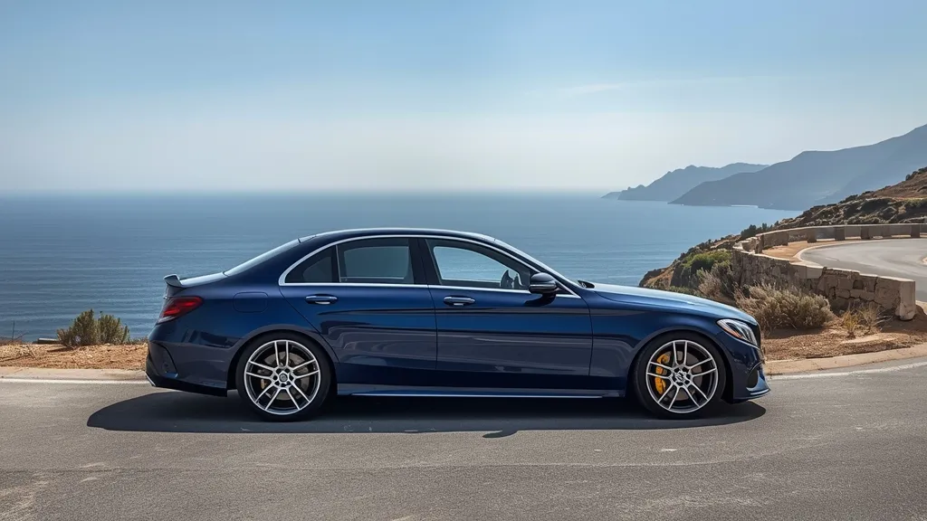 Mercedes C250 AMG Line W204 parked on a scenic road, highlighting its side profile and sporty stance.