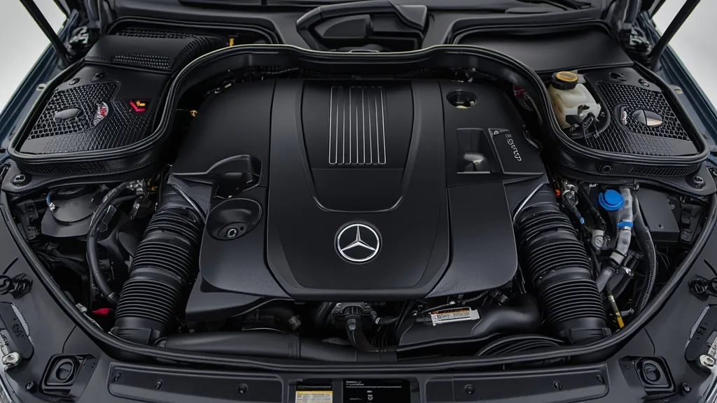 Engine bay of a Mercedes C250 with the M271 turbo engine, illustrating its clean layout.
