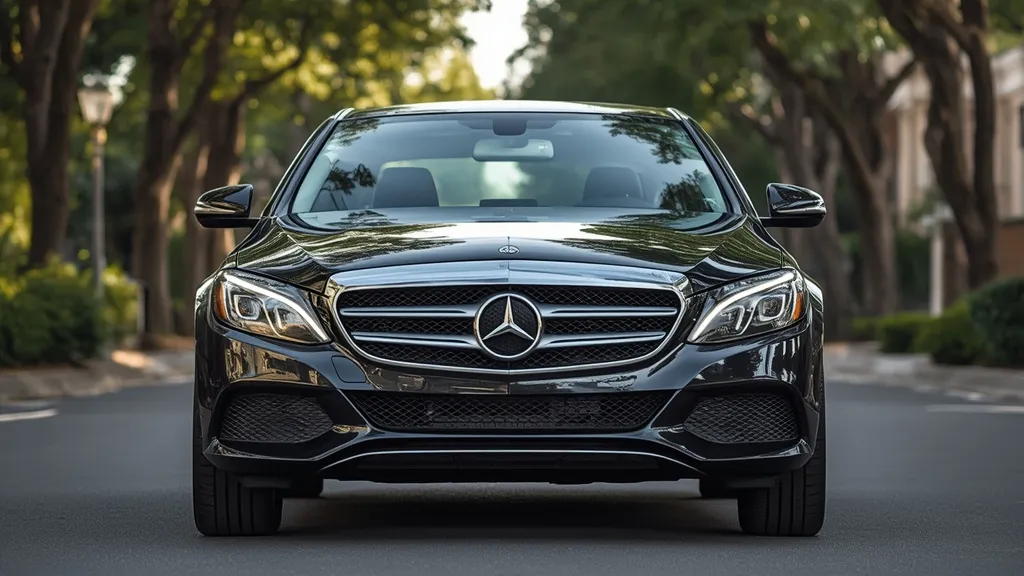 Mercedes C250 Exclusive sedan showcasing its classic hood ornament and elegant chrome grille on a sunny day.