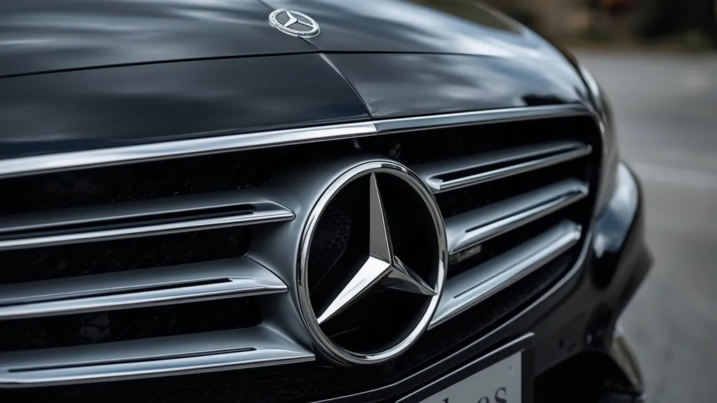Close-up of Mercedes C250 Exclusive traditional grille with the iconic hood ornament and chrome details.