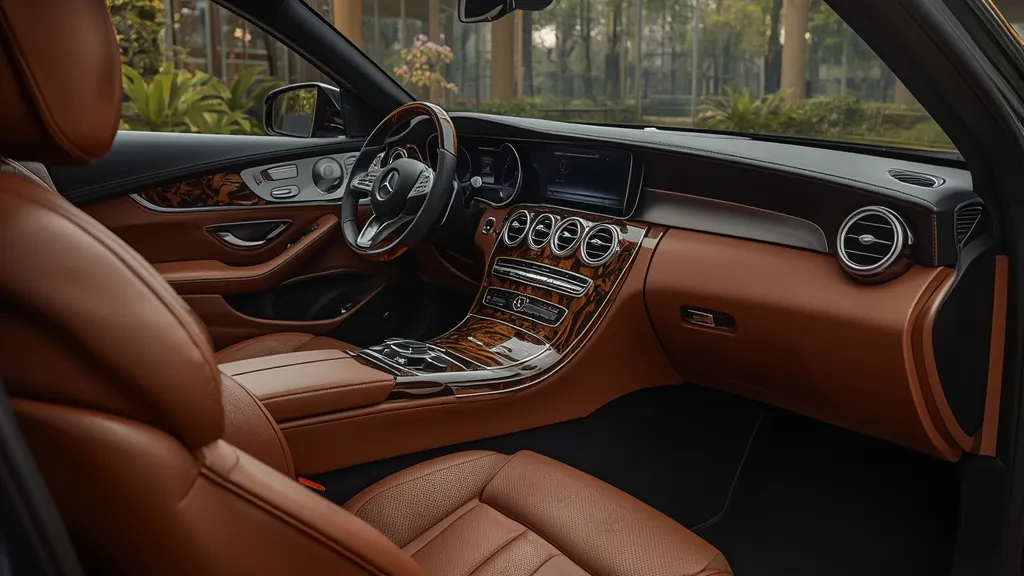 Luxurious interior of Mercedes C250 Exclusive featuring elegant wood trim, leather seats, and classic dashboard.