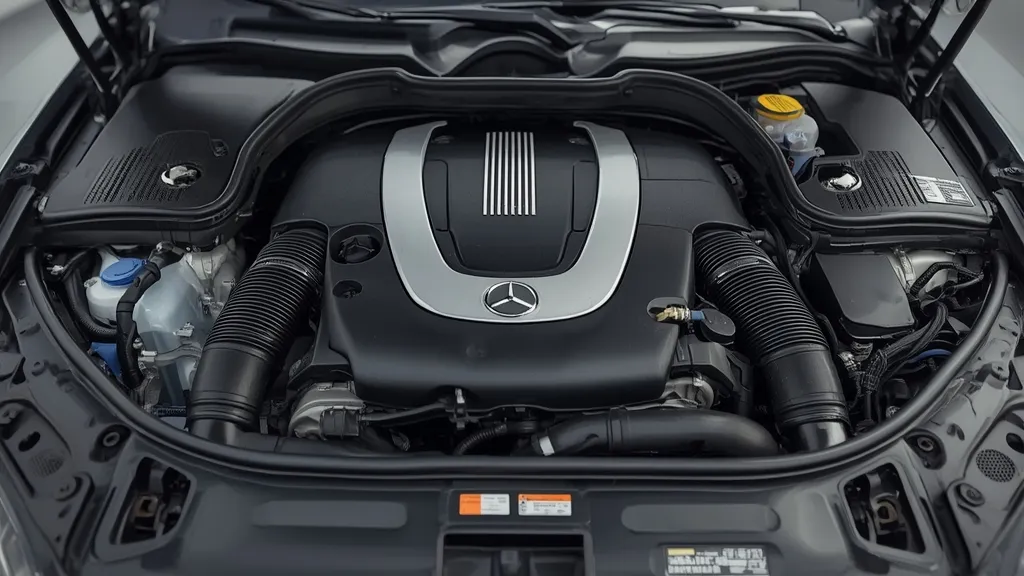 Engine bay of Mercedes C250 W204, showing the 1.8L turbocharged M271 engine for maintenance context.