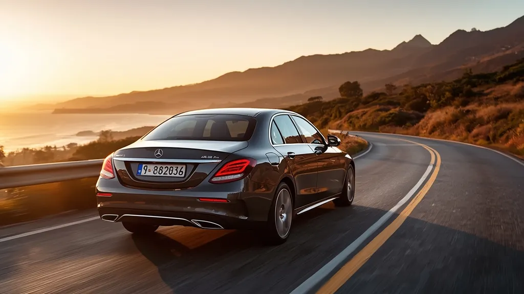 Mercedes C250 Exclusive driving smoothly on a scenic highway, emphasizing its comfortable ride quality and elegant presence.