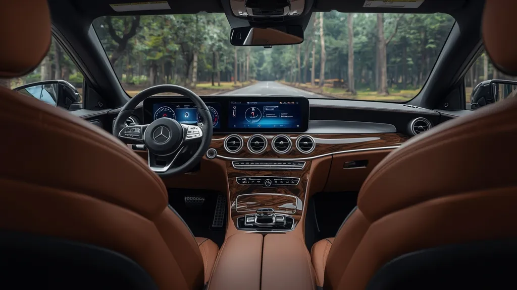 Luxurious 2024 Mercedes C300 interior featuring the large portrait-oriented MBUX infotainment system and premium materials.