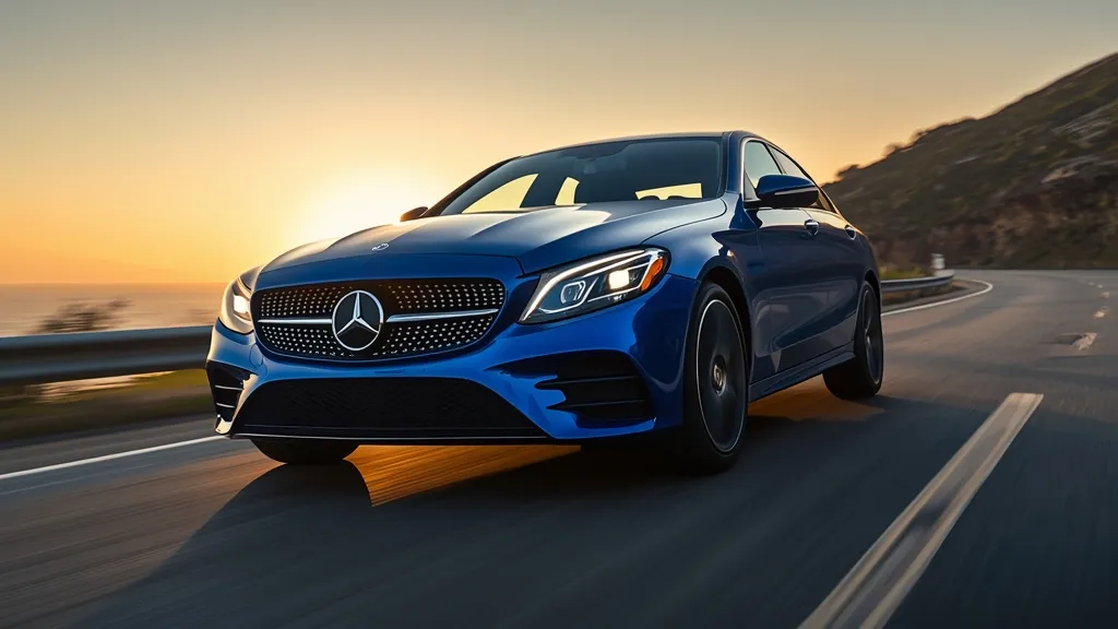 Dynamic front three-quarter view of the sleek Mercedes C300 2024 in motion on a scenic highway, showcasing its elegant design.