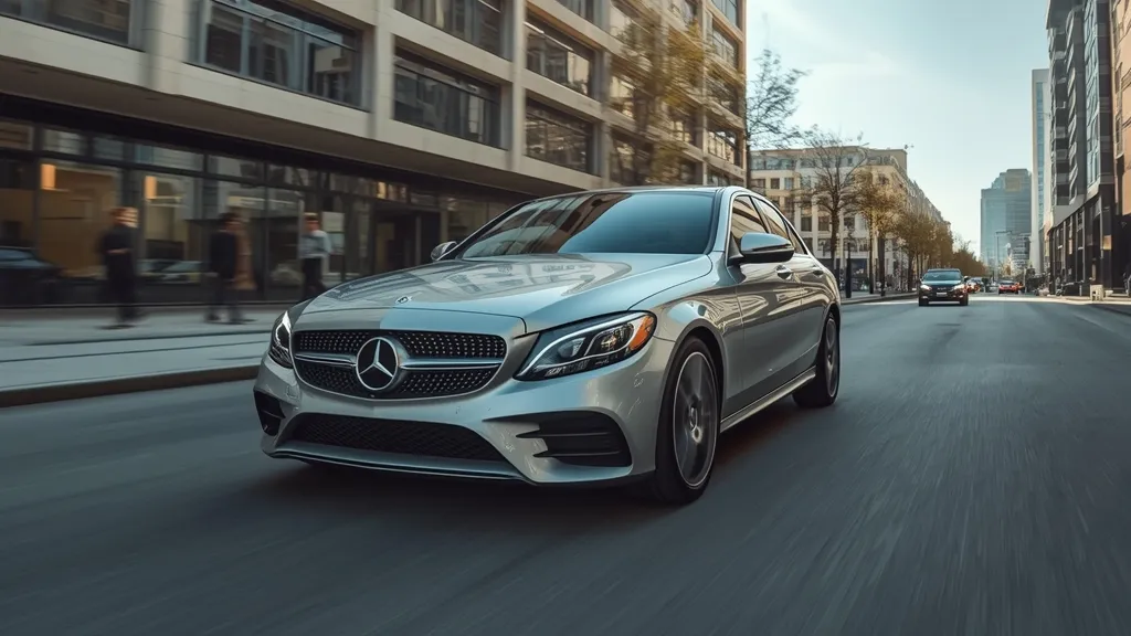 Mercedes C300 2024 effortlessly navigating a city street, demonstrating its refined ride and urban agility.
