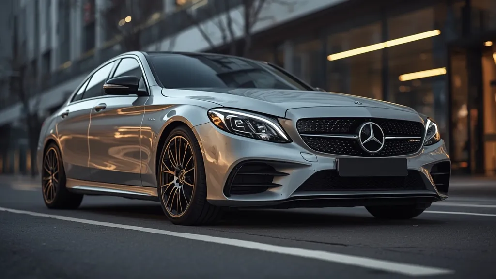 Mercedes C300 AMG Line in sleek silver, showcasing sporty AMG exterior design and multi-spoke alloy wheels.