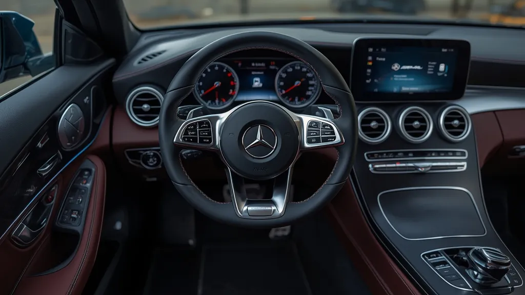 Luxurious Mercedes C300 AMG Line interior with MBUX infotainment, flat-bottom sport steering wheel, and premium cabin materials.