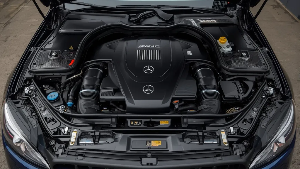 Detailed view of the powerful and efficient 2.0L turbocharged engine in the Mercedes C300 AMG Line.