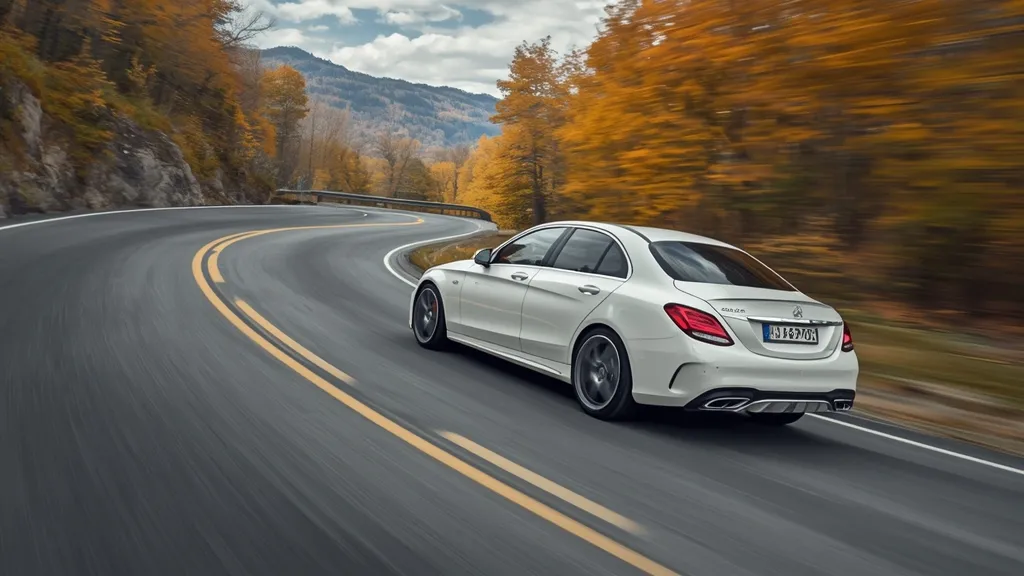 Dynamic Mercedes C300 AMG Line in motion, demonstrating sporty handling and responsive driving performance on a winding road.