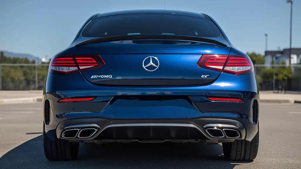 Rear view of the Mercedes C300 AMG Line, highlighting aggressive diffuser, signature LED taillights, and dual exhaust outlets.