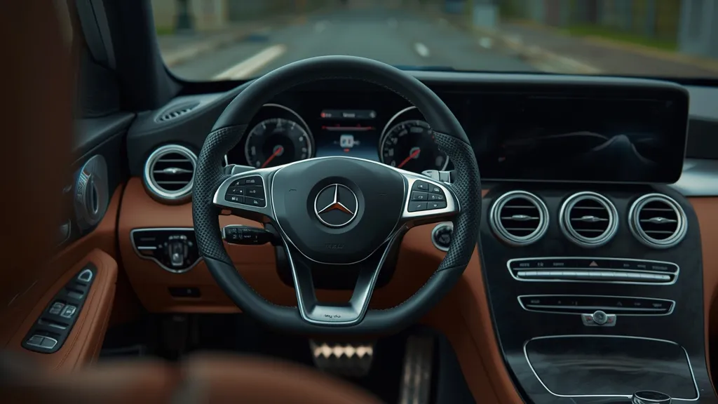 Detailed interior of a Mercedes C300 W204, highlighting dashboard, steering wheel, and premium materials.