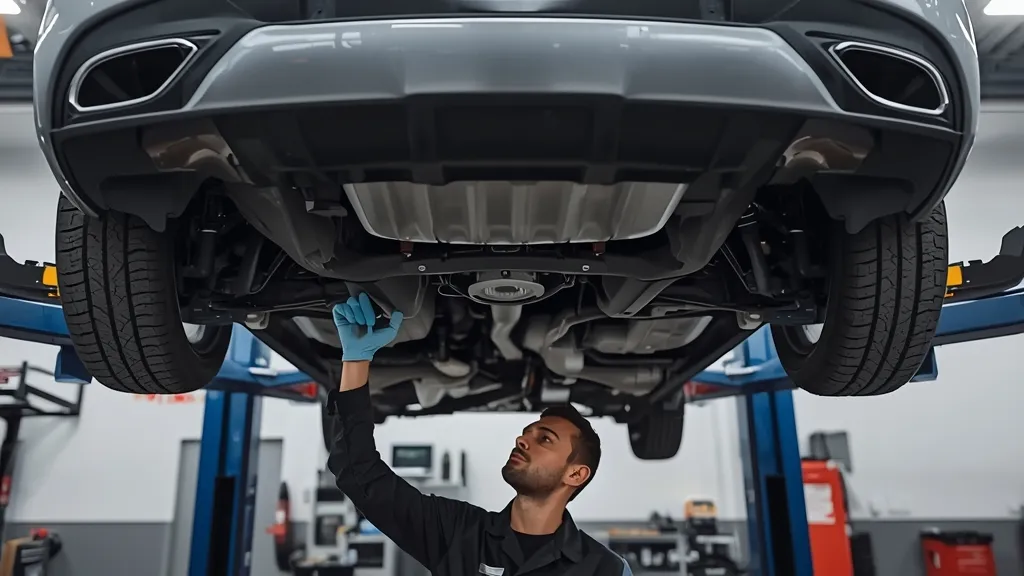 Mechanic performing a pre-purchase inspection on a used Mercedes C300 W204 on a lift.