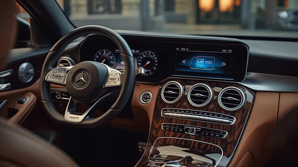Luxurious interior of a Mercedes C300 W205, featuring premium materials and a large infotainment screen.