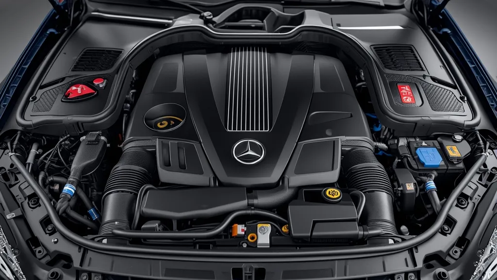Mercedes C300 W205 engine bay, highlighting the M264 2.0L turbocharged engine with EQ Boost.