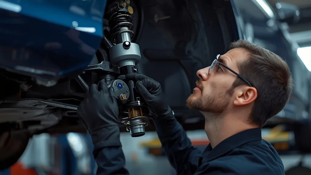 Mechanic inspecting the underside of a Mercedes C300 W205, focusing on common problem areas like suspension.