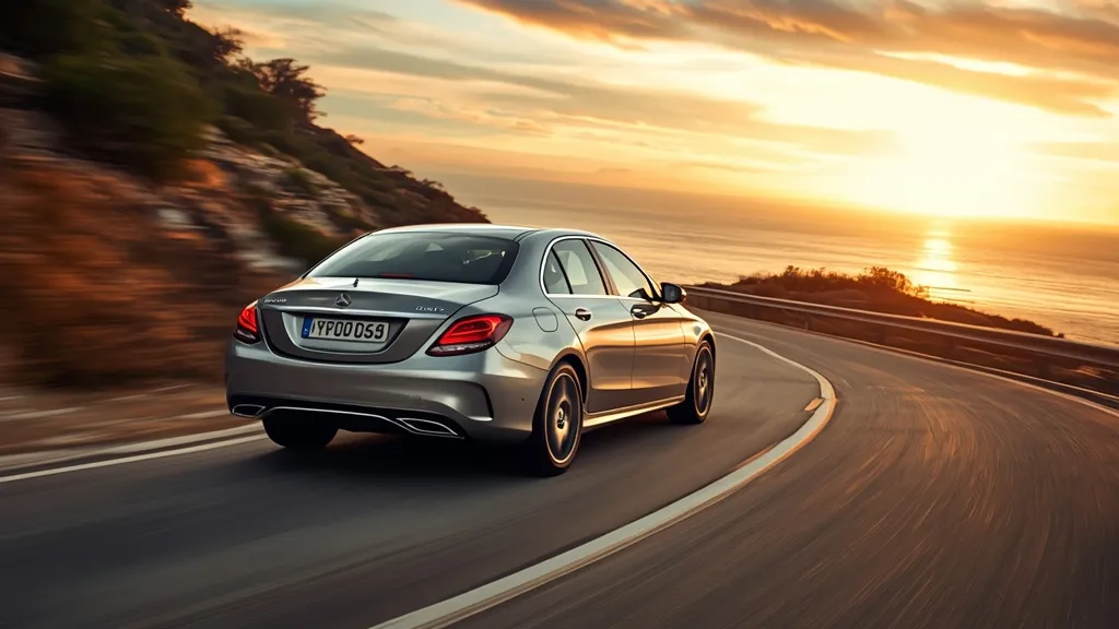 Mercedes C300 W205 driving confidently on a scenic highway, showcasing its dynamic performance.