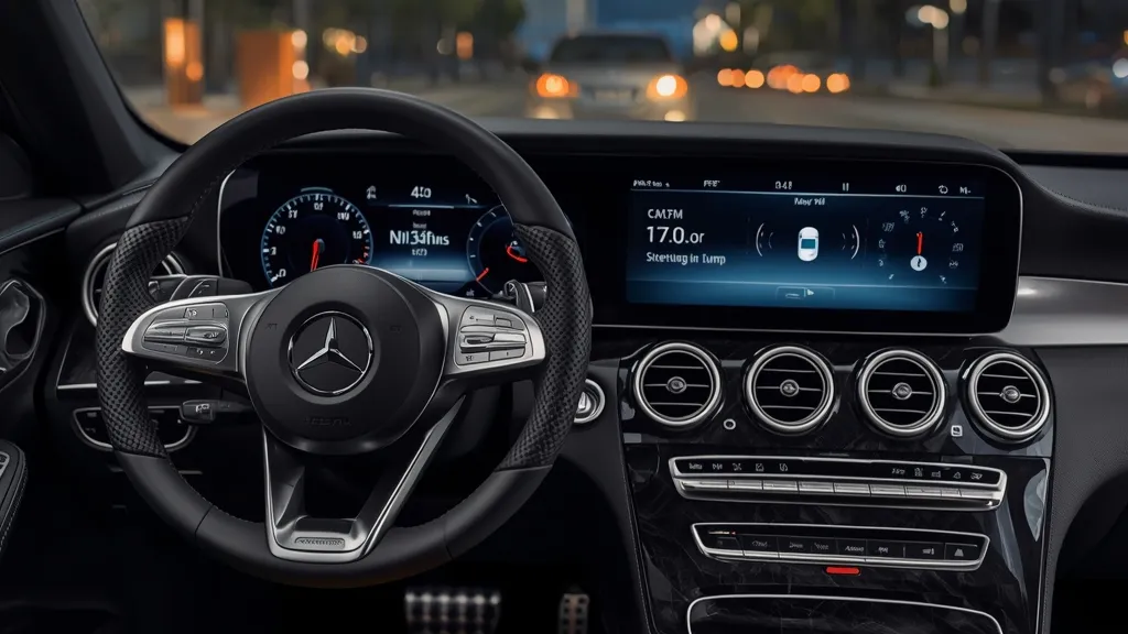 Mercedes C300 W206 interior showcasing the large central MBUX touchscreen and digital driver display.