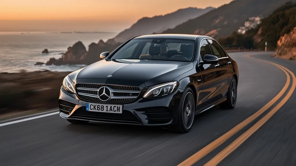 Dynamic front three-quarter view of the Mercedes C300 W206 driving on a winding road at sunset.
