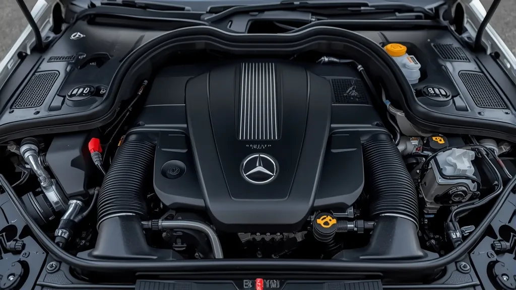 Close-up of the Mercedes C300 W206 engine bay, highlighting the 2.0L turbo engine and 48V mild-hybrid components.