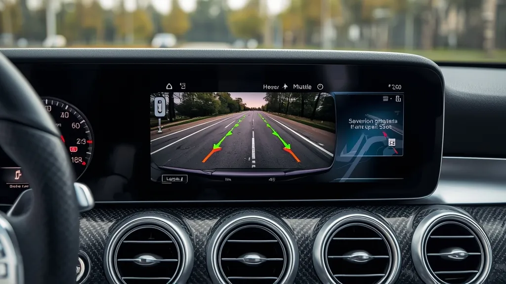 Mercedes C300 W206 augmented reality navigation display showing real-time street overlay with directions.