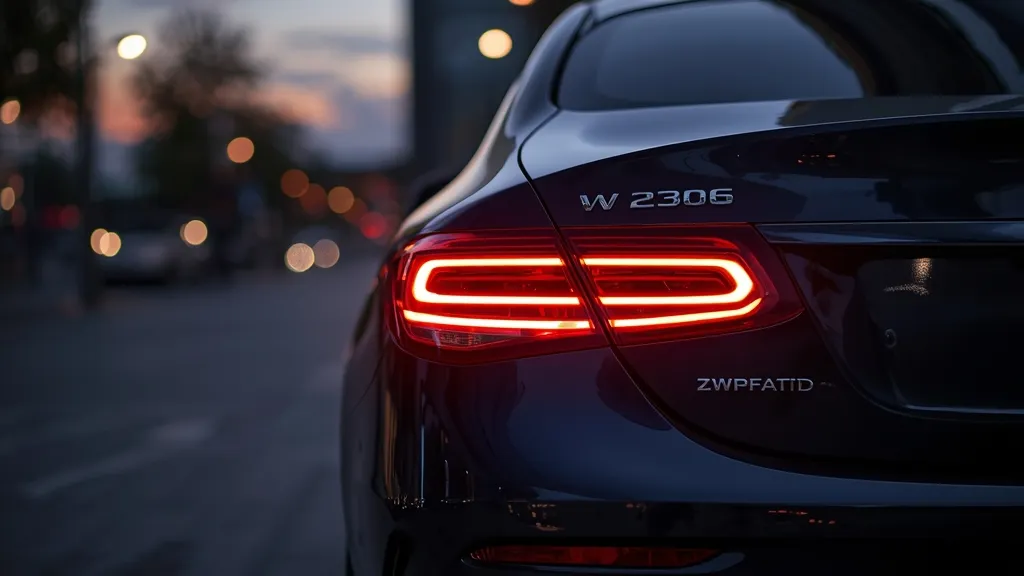 Rear view of the Mercedes C300 W206 parked in a sophisticated urban setting at night, with taillights illuminated.