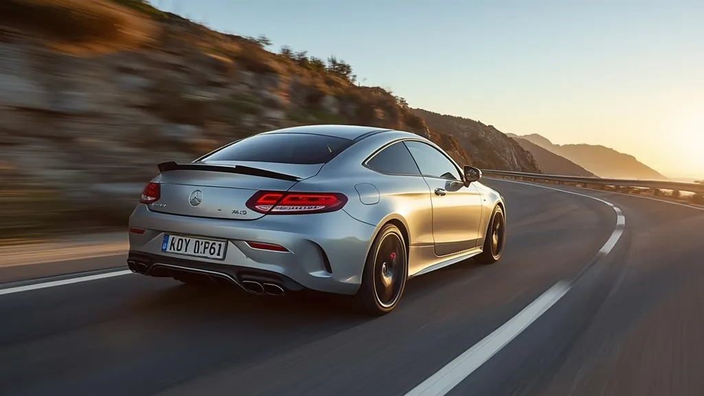 Dynamic shot of a W205 Mercedes C43 Coupe on a winding road, showcasing performance.