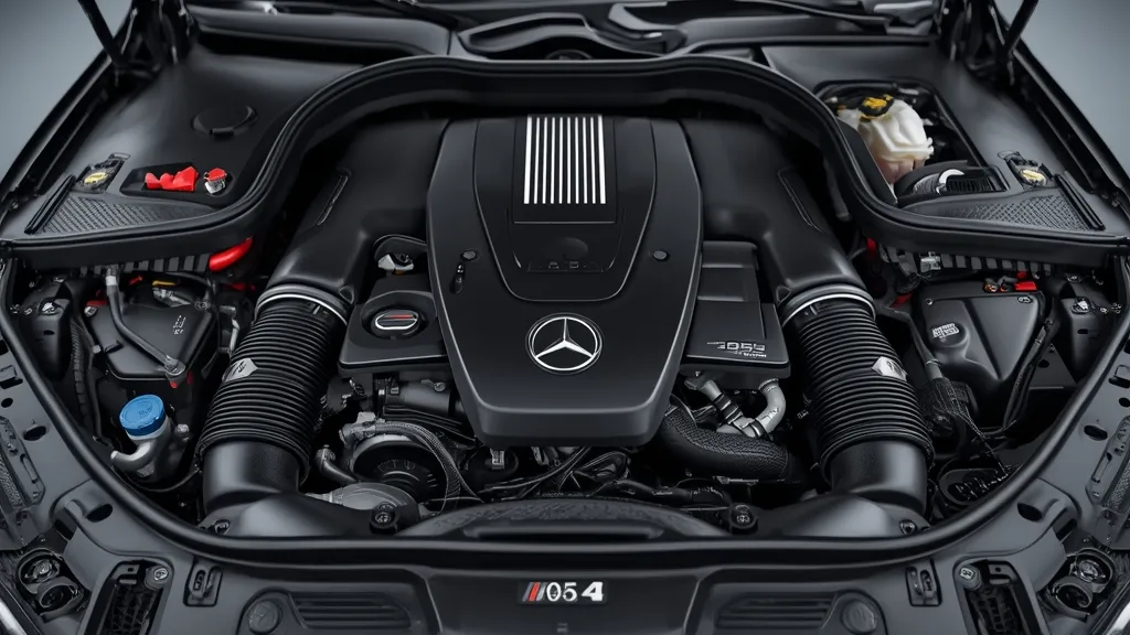 Detailed view of the AMG C43 V6 engine bay, highlighting engineering and power.
