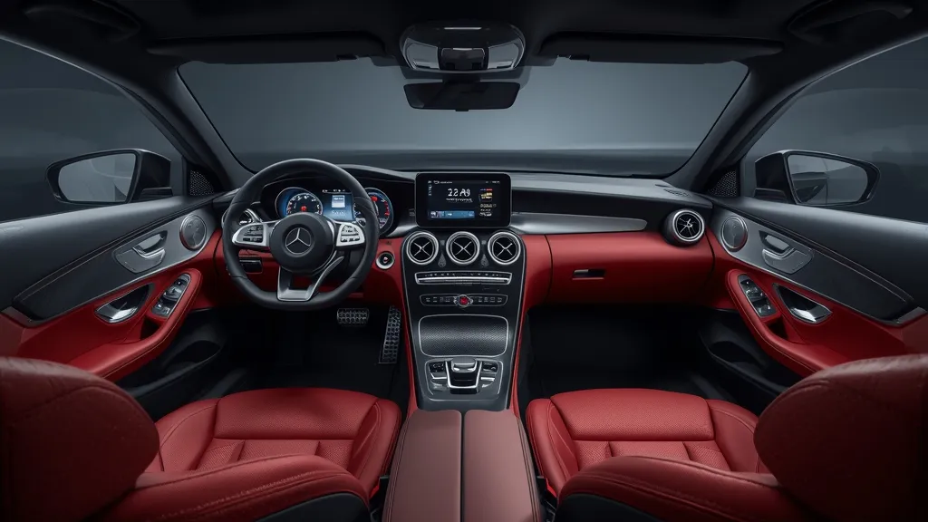 Luxurious interior of a Mercedes C43 Coupe, featuring AMG Line seats and MBUX.