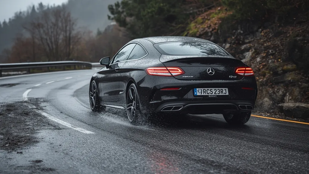 Mercedes C43 Coupe demonstrating 4MATIC grip on a wet, spirited driving road.