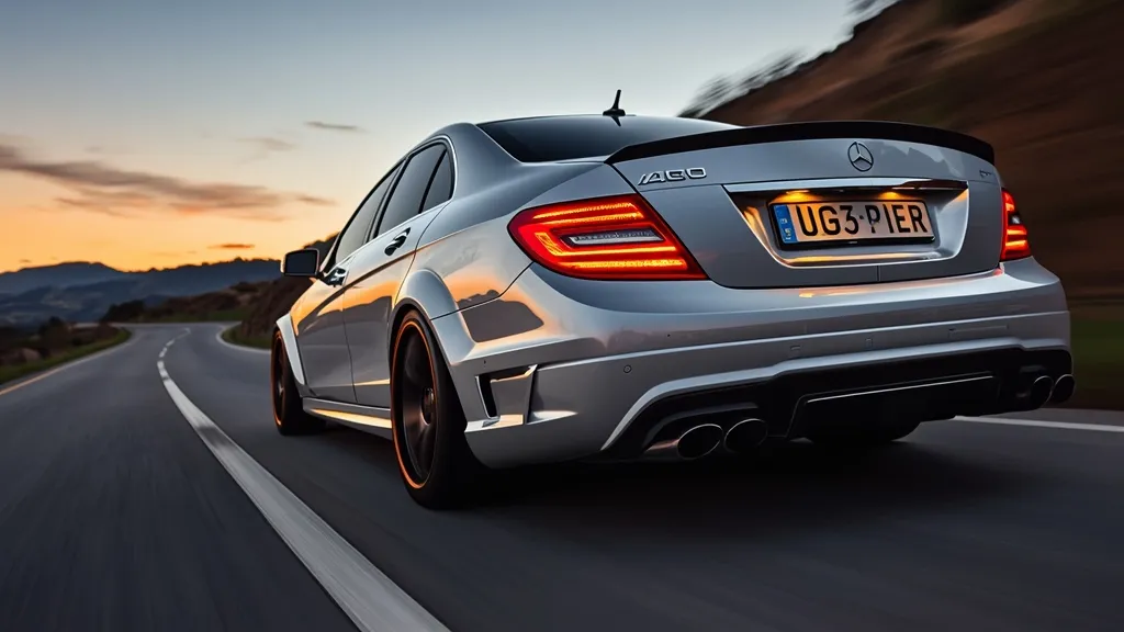 Mercedes C63 AMG W204 sedan in dynamic action, showcasing its aggressive stance and powerful design.