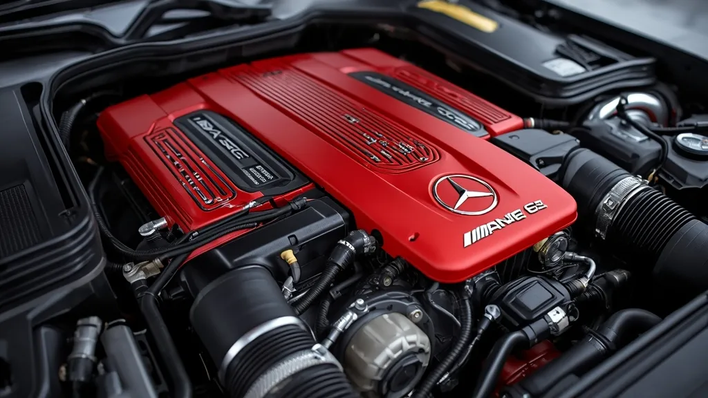 Close-up of the M156 engine bay in a Mercedes C63 AMG W204, highlighting its naturally aspirated V8.