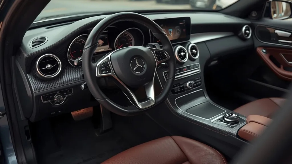 Interior of a Mercedes C63 AMG W204 facelift model, showing the updated dashboard and AMG steering wheel.