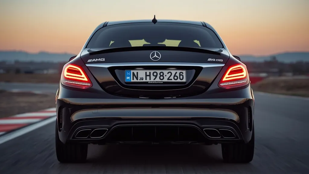 Mercedes C63 AMG W204 with its famous quad exhaust roaring, exhaust flames visible during downshift.