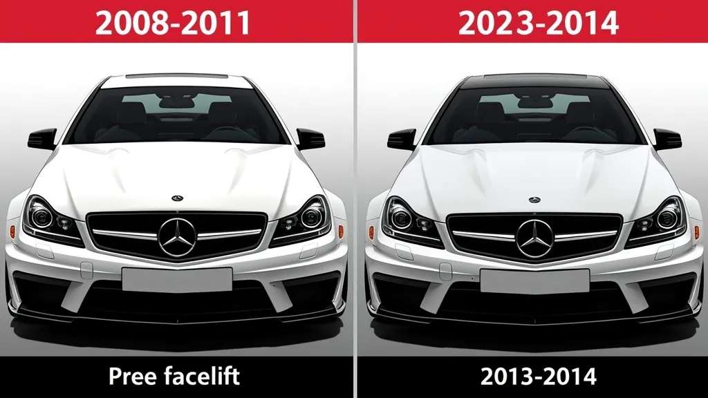 Two Mercedes C63 AMG W204 models, pre-facelift and facelift, side-by-side highlighting visual differences.