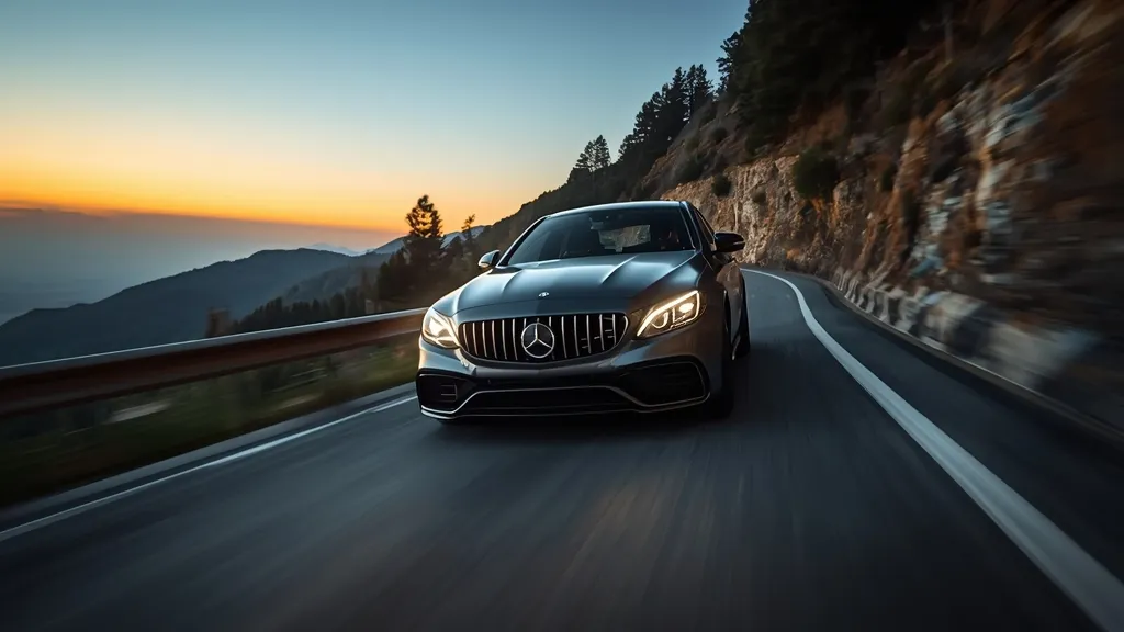 Dynamic shot of the Mercedes C63 Hybrid 2024 accelerating on a winding road, showcasing its aggressive design.