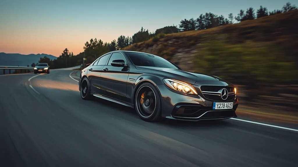 Dynamic shot of the Mercedes C63 Hybrid 2024 accelerating on a winding road, showcasing its aggressive design.