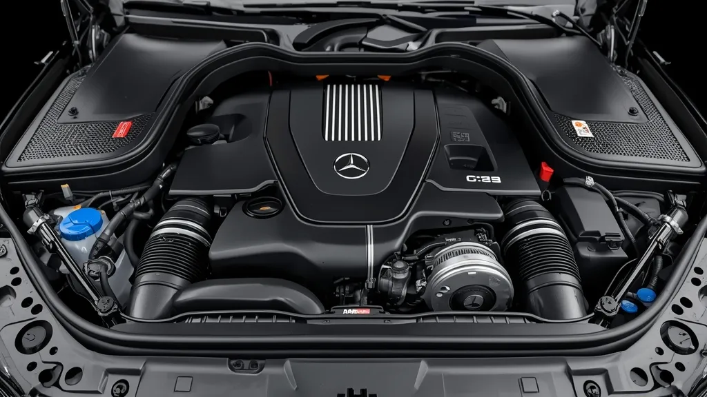 Detailed view of the M139l engine C63 and hybrid components in the 2024 AMG C63 S E Performance engine bay.