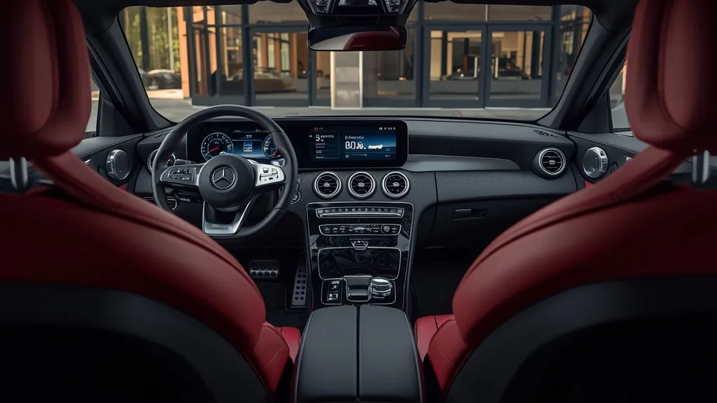 Luxurious and tech-filled AMG C63 S E Performance interior, featuring the MBUX screen and performance seats.