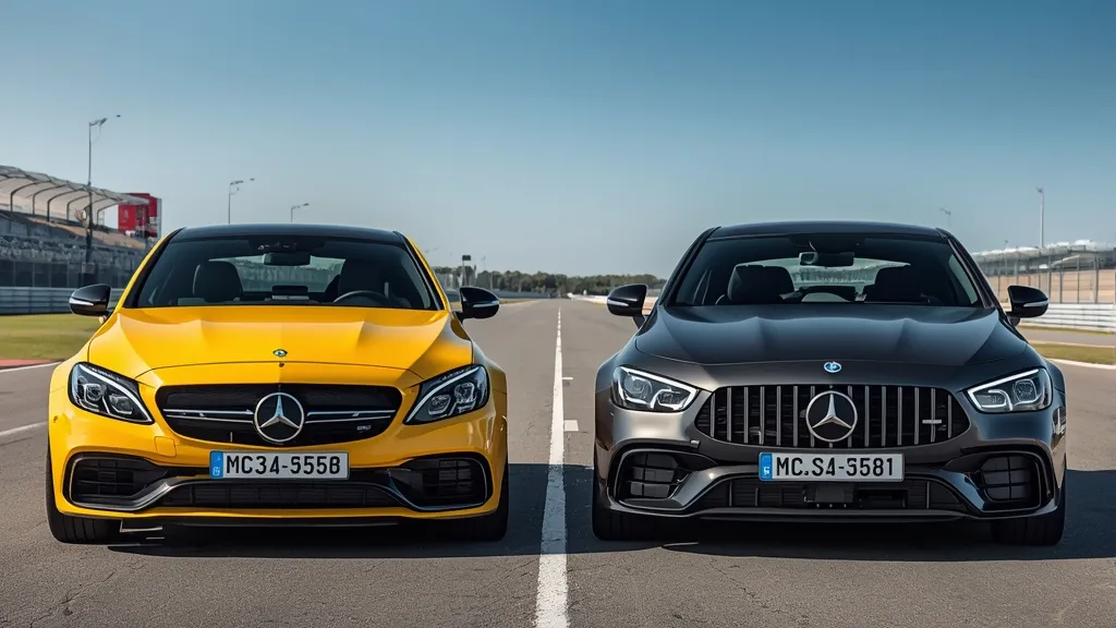 C63 V8 vs 4-cylinder hybrid comparison: a W205 C63 alongside the new Mercedes C63 Hybrid 2024 on a track.