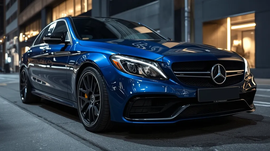 The Mercedes C63 Hybrid 2024 parked elegantly in an urban setting, reflecting its dual nature.