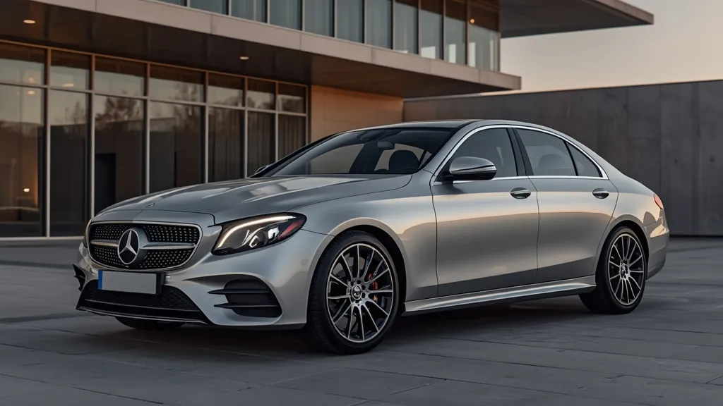 Mercedes E-Class 2024 Hybrid exterior, elegant silver sedan showcasing modern design and LED lighting.